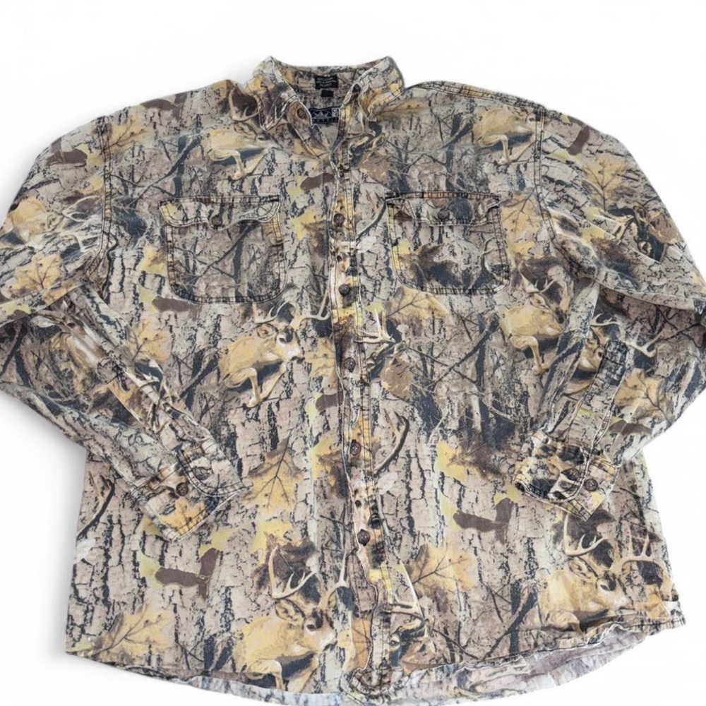 Canyon Guide camo button-up shirt with deer pattern. #camo